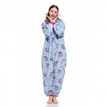 Blue Unicorn Pattern Costume Pajama Onesie Kigurumi Jumpsuit with Zip