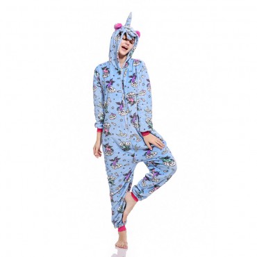 Blue Unicorn Pattern Costume Pajama Onesie Kigurumi Jumpsuit with Zip