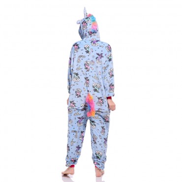 Blue Unicorn Pattern Costume Pajama Onesie Kigurumi Jumpsuit with Zip