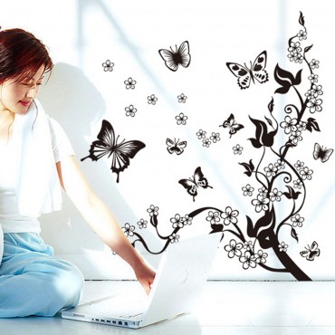 Black Floral Butterfly Wall Decal Sticker