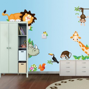 Jungle Zoo Animal Lion Monkey Giraffe Squirral Wall Decal Sticker