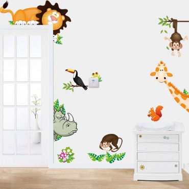 Jungle Zoo Animal Lion Monkey Giraffe Squirral Wall Decal Sticker