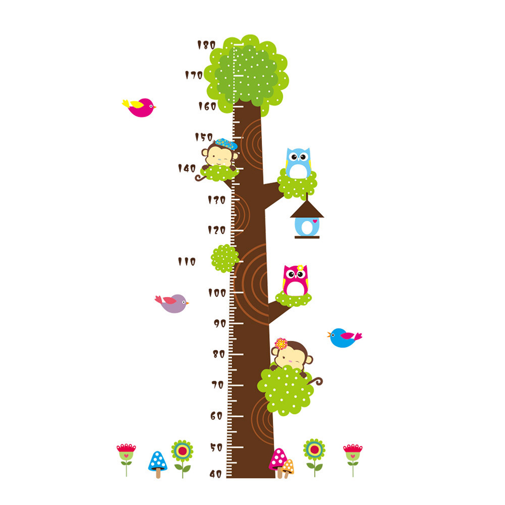 Monkey and Owl on Tree Growth Chart Height Measure Wall Decal Sticker