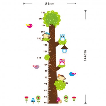 Monkey and Owl on Tree Growth Chart Height Measure Wall Decal Sticker