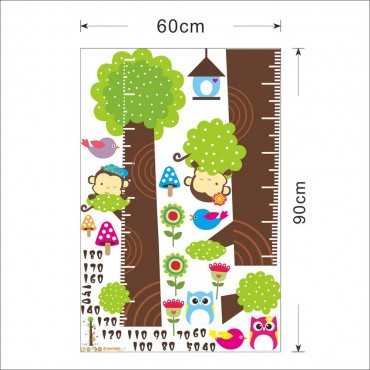 Monkey and Owl on Tree Growth Chart Height Measure Wall Decal Sticker