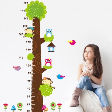 Monkey and Owl on Tree Growth Chart Height Measure Wall Decal Sticker