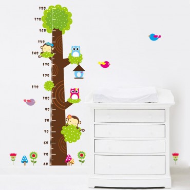 Monkey and Owl on Tree Growth Chart Height Measure Wall Decal Sticker