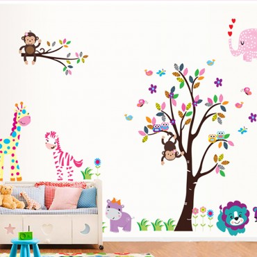 Jungle Zoo Animal Lion Zebra Monkey Giraffe Owl Playing beside Tree Wall Decal Sticker