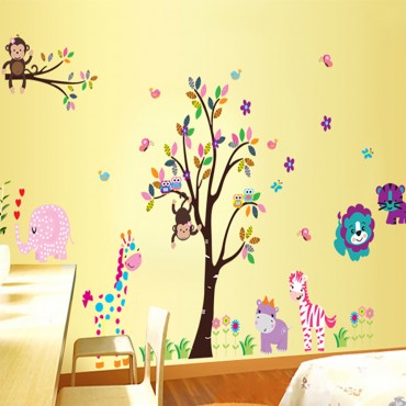 Jungle Zoo Animal Lion Zebra Monkey Giraffe Owl Playing beside Tree Wall Decal Sticker