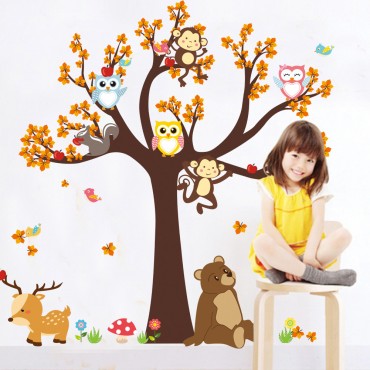 Owl and Monkey Playing on Tree Wall Decal Sticker