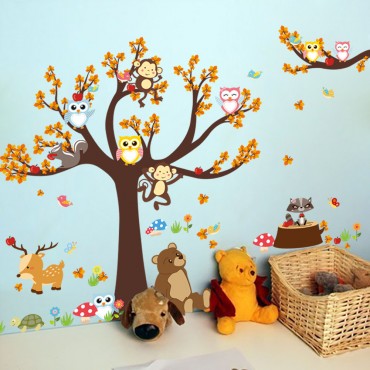 Owl and Monkey Playing on Tree Wall Decal Sticker