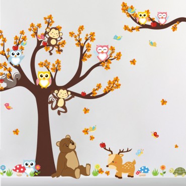 Owl and Monkey Playing on Tree Wall Decal Sticker