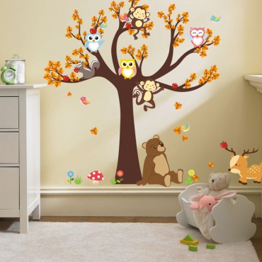 Owl and Monkey Playing on Tree Wall Decal Sticker