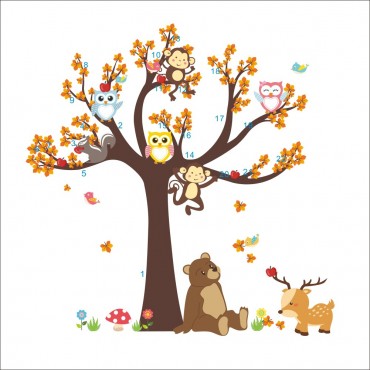 Owl and Monkey Playing on Tree Wall Decal Sticker