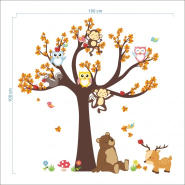 Owl and Monkey Playing on Tree Wall Decal Sticker