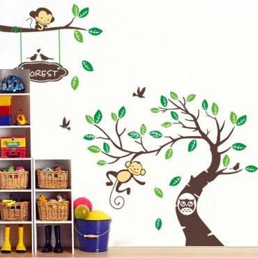 Monkey Owl on Forest Tree Wall Decal Sticker ZY1207