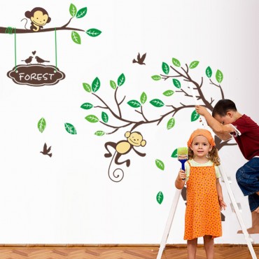 Monkey Owl on Forest Tree Wall Decal Sticker ZY1207