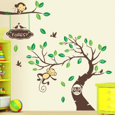 Monkey Owl on Forest Tree Wall Decal Sticker ZY1207