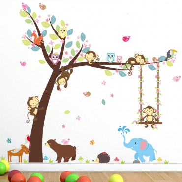 Jungle Zoo Monkey Swing on Tree with Owl and Squirral Wall Decal Sticker