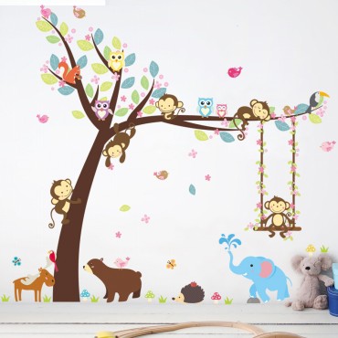 Jungle Zoo Monkey Swing on Tree with Owl and Squirral Wall Decal Sticker