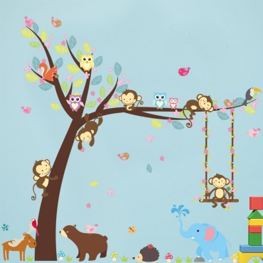 Jungle Zoo Monkey Swing on Tree with Owl and Squirral Wall Decal Sticker