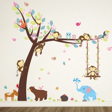 Jungle Zoo Monkey Swing on Tree with Owl and Squirral Wall Decal Sticker