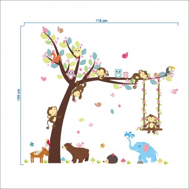 Jungle Zoo Monkey Swing on Tree with Owl and Squirral Wall Decal Sticker