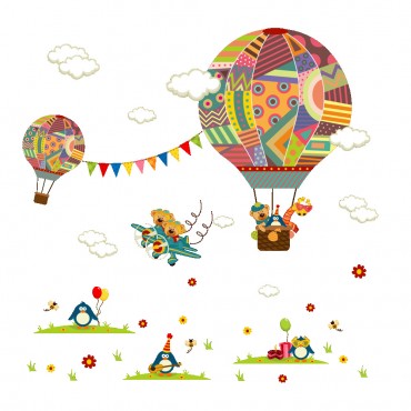 Jungle Zoo Animal Flying Balloon Wall Decal Sticker