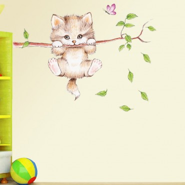 Lovely Kitty Climbing on Tree Wall Decal Sticker