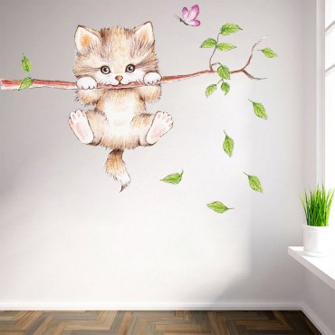 Lovely Kitty Climbing on Tree Wall Decal Sticker