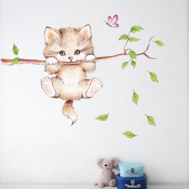 Lovely Kitty Climbing on Tree Wall Decal Sticker