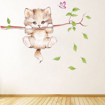 Lovely Kitty Climbing on Tree Wall Decal Sticker