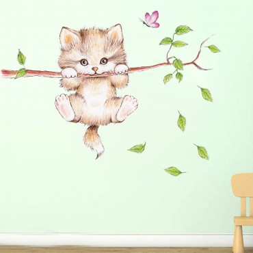 Lovely Kitty Climbing on Tree Wall Decal Sticker