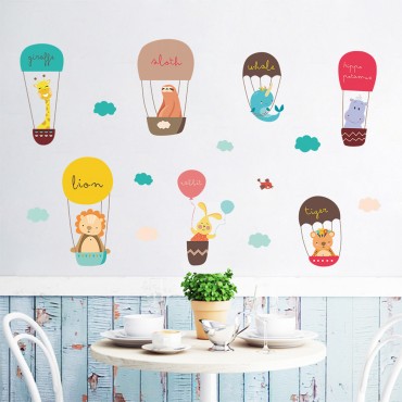 Jungle Zoo Animals on Hot Ballons Wall Decal Sticker