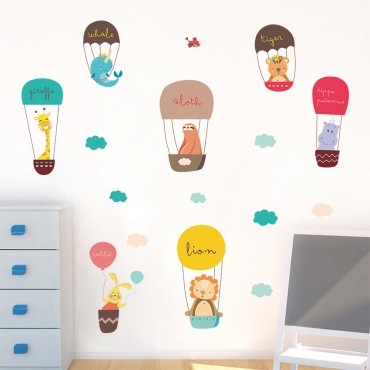 Jungle Zoo Animals on Hot Ballons Wall Decal Sticker