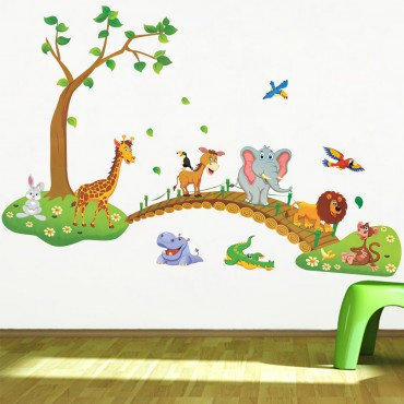 Jungle Zoo Animals Crossing Bridges Wall Decal Sticker