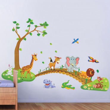 Jungle Zoo Animals Crossing Bridges Wall Decal Sticker