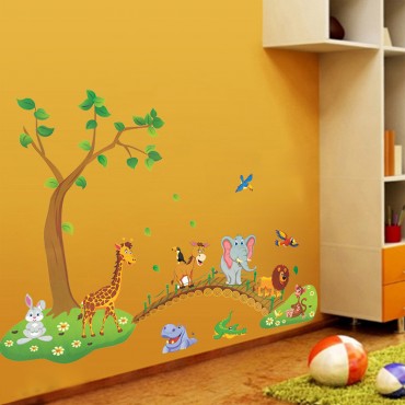 Jungle Zoo Animals Crossing Bridges Wall Decal Sticker