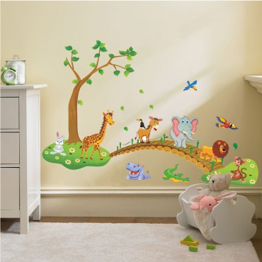 Jungle Zoo Animals Crossing Bridges Wall Decal Sticker