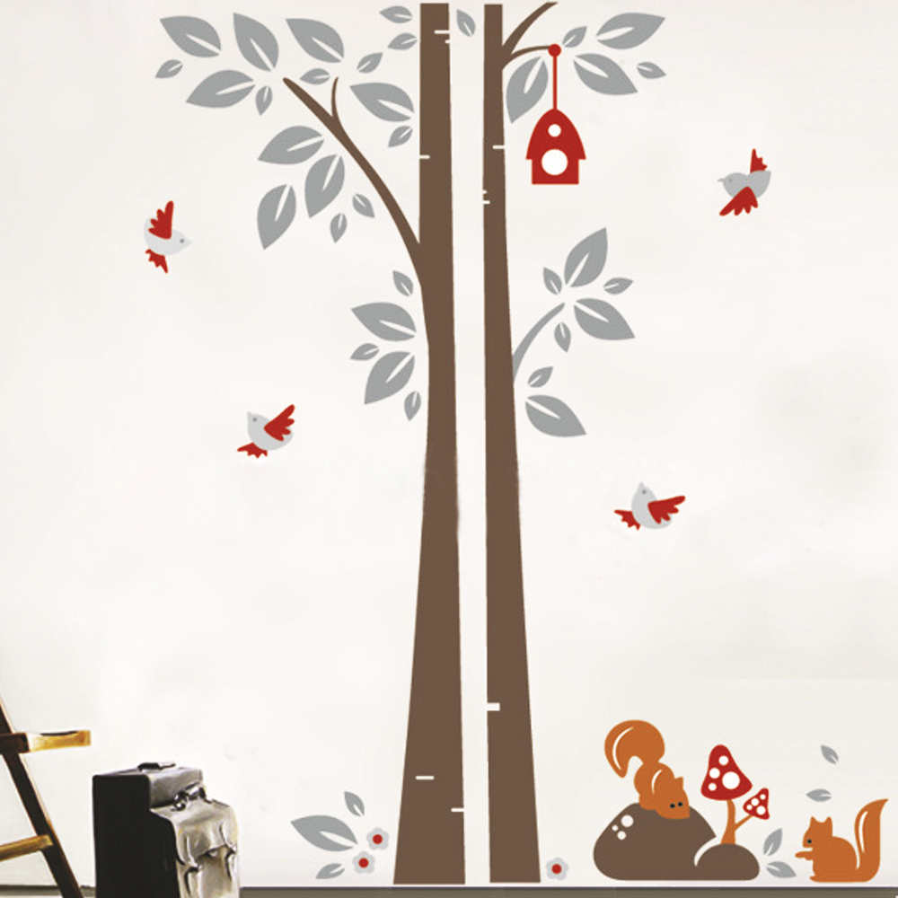 Squirral and birds playing on Tree Wall Decal Sticker