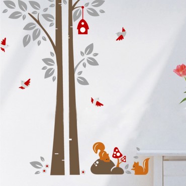 Squirral and birds playing on Tree Wall Decal Sticker