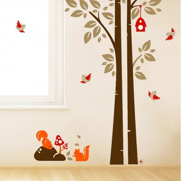 Squirral and birds playing on Tree Wall Decal Sticker