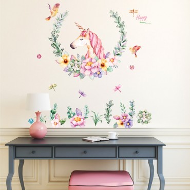 Unicorn with Flowers Wall Decal Sticker