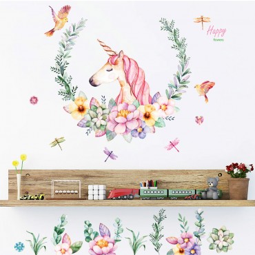 Unicorn with Flowers Wall Decal Sticker