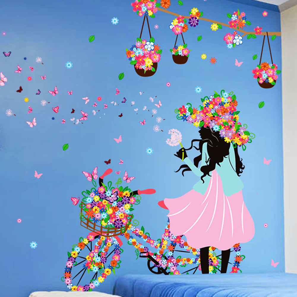 Girls with Flower Hat and Bicycle Wall Decal Sticker