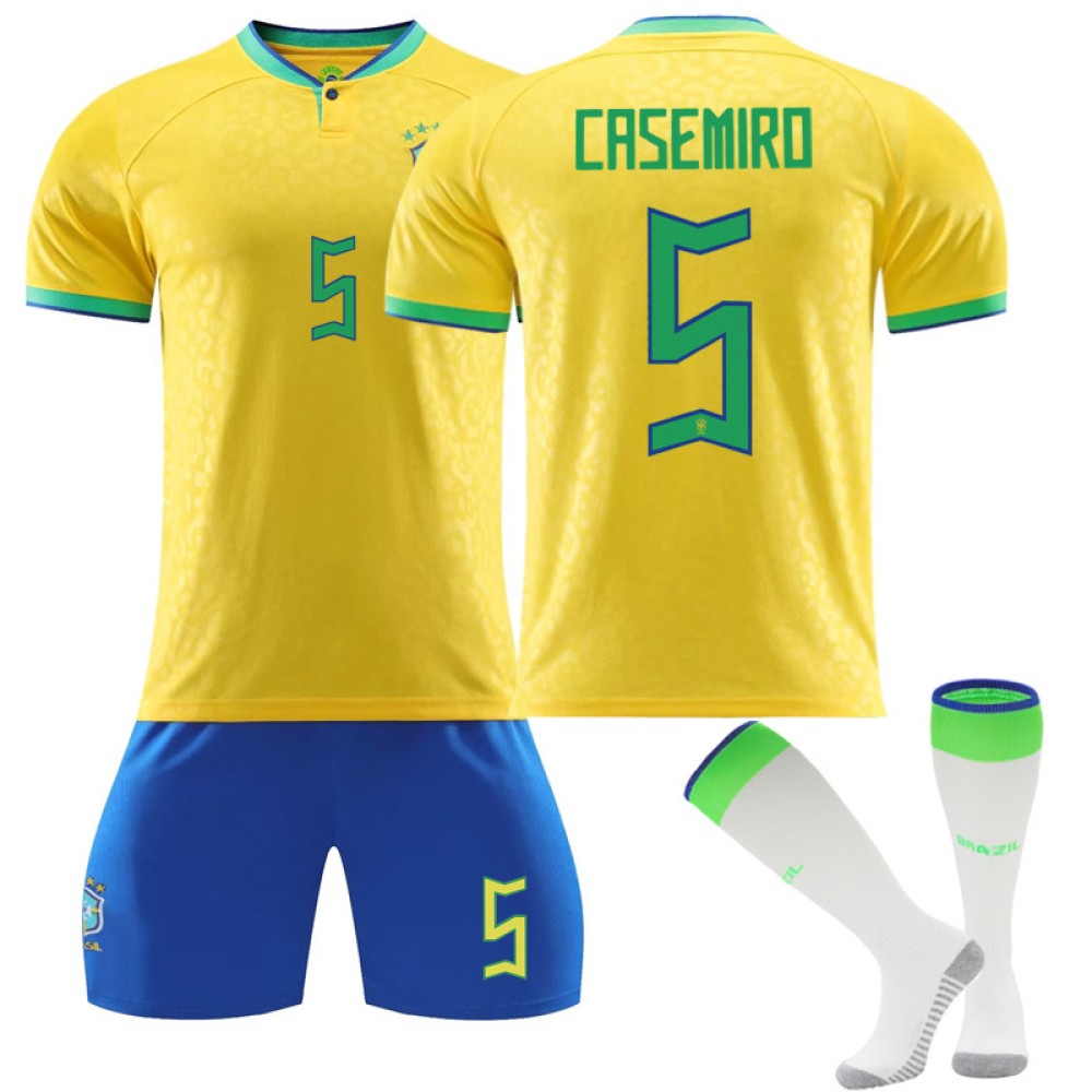 22/23 Brazil Casemiro N. 5 Home Field Kids Men Football Jersey Kits