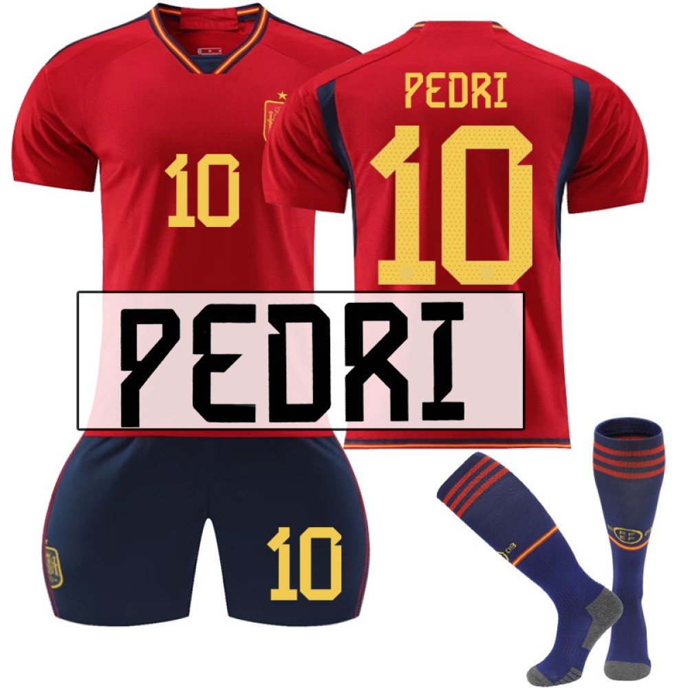 22/23 Spain Pedri N. 10 Home Field Kids Men Football Jersey Kits